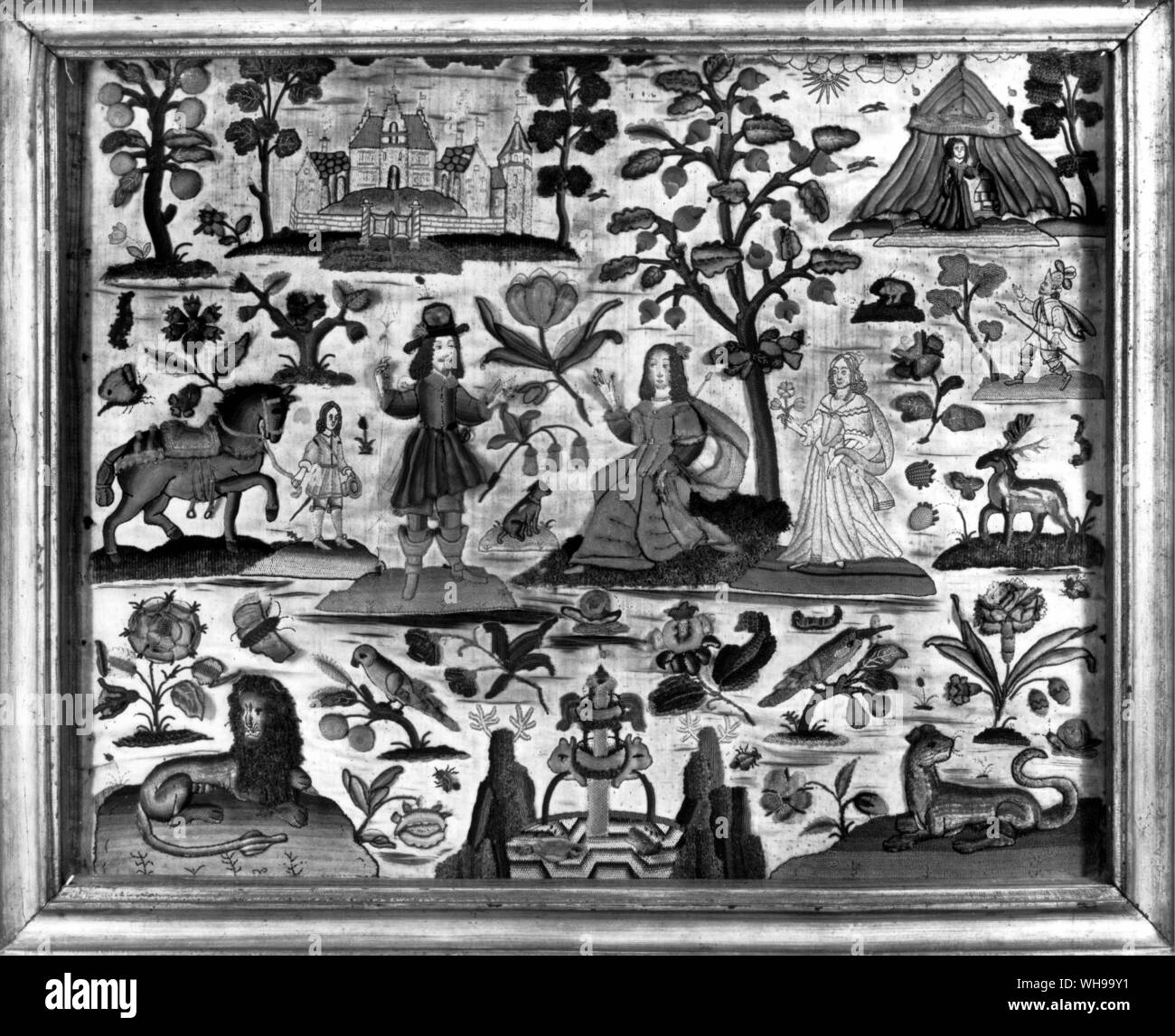 Inglese stumpwork pannello, tardo XVII secolo e non basata su modelli di chintz, ma sulla lacca. Foto Stock
