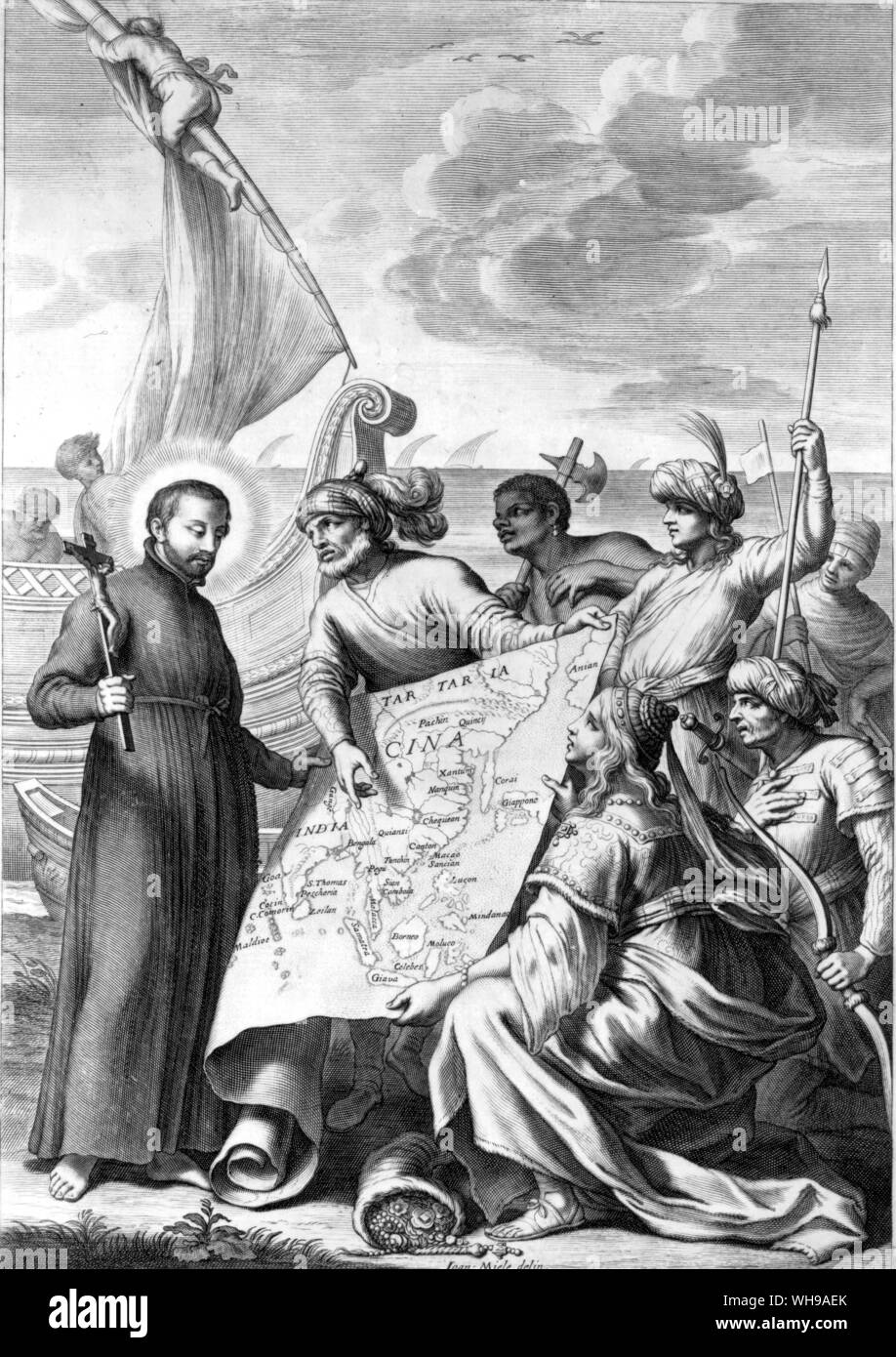 Rappresentazione simbolica dei gesuiti' missione. Pagina del titolo di Dell' Istoria della Compagnia di Gesu l'Asia da Daniello Bartoli, Roma, 1657. Foto Stock