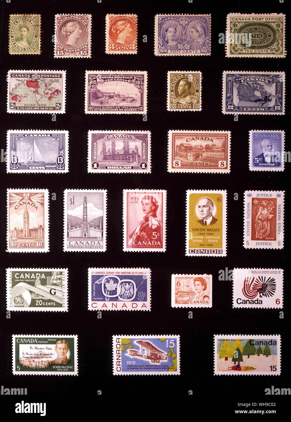 AMERICA - Canada: (da sinistra a destra) 1. 12,5 centesimi, 1859, 2. 15 centesimi, 1868, 3. 3 centesimi, 1870, 4. 50 centesimi, 1897, 5. 10 centesimi, 1898, 6. 2 centesimi, 1898, 7. 10 centesimi, 1908, 8. 20 centesimi, 1912, 9. 12 centesimi, 1927, 10. 13 centesimi, 1935, 11. 1 dollaro, 1938, 12. 8 centesimi, 1946, 13. 5 centesimi, 1954, 14. 10 centesimi, 1942, 15. 1 dollaro, 1953, 16. 5 centesimi, 1959, 17. 6 centesimi, 1969, 18. Amministrazione postale delle Nazioni Unite a Montreal, 5 centesimi, 1967, 19. 20 centesimi, 1956, 20. 5 centesimi, 1959, 21. 6 centesimi, 1968, 22. 6 centesimi, 1970, 23. 5 centesimi, 1968, 24. 15 centesimi, 1969, 25. 15 centesimi, 1970. Foto Stock
