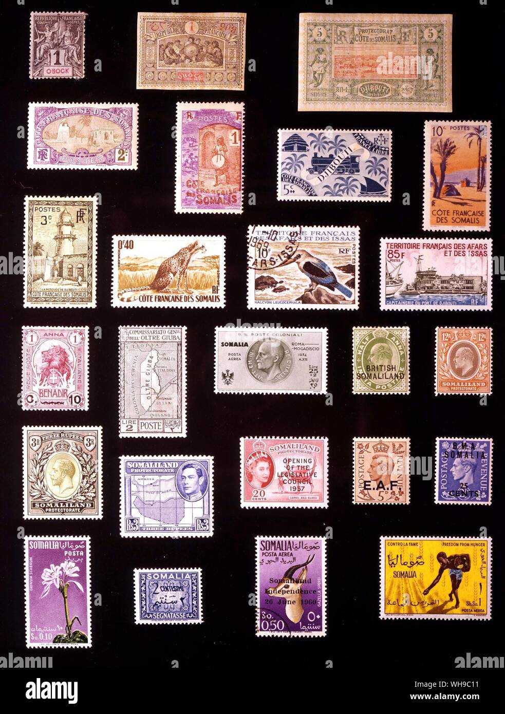 AFRICA - Il Somaliland: (da sinistra a destra) 1. Obock, 1 centesimo, 1892, 2. Obock, 1 centesimo, 1894, 3. Gibuti, 5 centesimi, 1894, 4. Francese costa somala, 2 centesimi, 1909, 5. Francese costa somala, 1 centesimo, 1915, 6. Francese costa somala, 5 centesimi, 1943, 7. Francese costa somala, 10 centesimi, 1947, 8. Francese costa somala, 3 centesimi, 1938, 9. Francese costa somala, 40 centesimi, 1958, 10. Il territorio francese degli Afar e degli Issa, 10 franchi, 1967, 11. Il territorio francese degli Afar e Isaas, 85 franchi, 1968, 12. Benadir, 10 centesimi, 1907, 13. Jubaland, 2 lire, 1926, 14. Somalia Italiana, 25 + 2 lire, 1934, Foto Stock