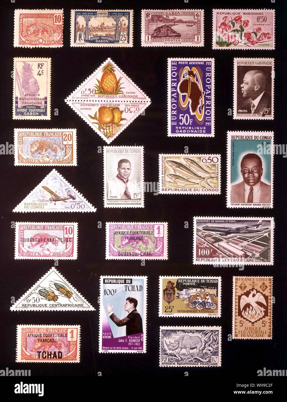 AFRICA - L Africa equatoriale: (da sinistra a destra) 1. Congo francese, 10 centesimi, 1900, 2. Gaboon, 25 centesimi, 1910, 3. Gaboon, 1 centesimo, 1932, 4. Gaboon, 50 centesimi, 1961, 5. Gaboon, 4 centesimi, 1924, 6. Gaboon, 50 + 50 centesimi, 1962, 7. Gaboon, 50 franchi, 1971, 8. Gaboon, 25 franchi, 1959, 9. Medio Congo, 20 centesimi, 1907, 10. Congo, 15 franchi, 1960, 11. Congo, 50 centesimi, 1961, 12. Congo, 80 franchi, 1965, 13. Congo, 50 centesimi, 1961, 14. Oubangui-Chari-Tchad, 10 centesimi, 1915, 15. Oubangui-Chari, 1 centesimo, 1924, 16. Repubblica Centrafricana, 100 franchi, 1967, 17. Repubblica centrale africana, Foto Stock