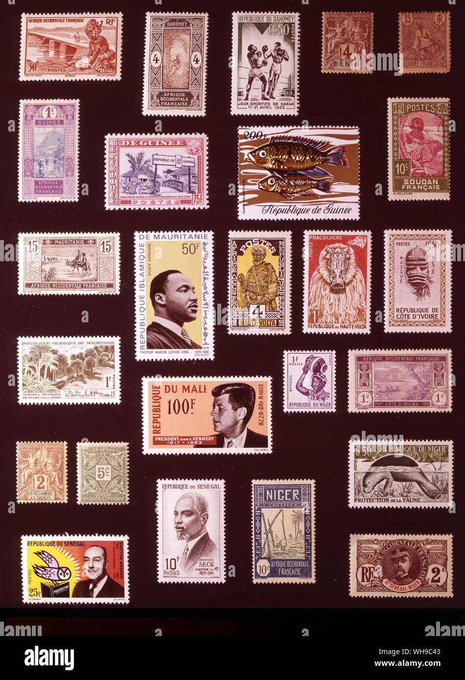 AFRICA - FRENCH WEST AFRICA: (da sinistra a destra) 1. French West Africa, 30 centesimi, 1947, 2. Dazomey, 4 centesimi, 1913, 3. Dahomey, 50 centesimi, 1963, 4. Il Benin, 4 centesimi, 1894, 5. Guinea francese, 15 centesimi, 1904, 6. Guinea francese, 1 centesimo, 1913, 7. Guinea, 75 franchi, 1964, 8. Guinea, 200 franchi, 1971, 9. Il francese Soudan, 10 centesimi, 1931, 10. La Mauritania, 15 centesimi, 1913, 11. La Mauritania, 50 franchi, 1968, 12. Volta Superiore, 4 centesimi, 1928 13. Volta Superiore, 1 franco, 1960, 14. La Costa d Avorio, 50 centesimi, 1960, 15. La Mauritania, 1 franco, 1965, 16. Mali, 100 franchi, 1964, 17. Niger, 1 franco, 1962, Foto Stock