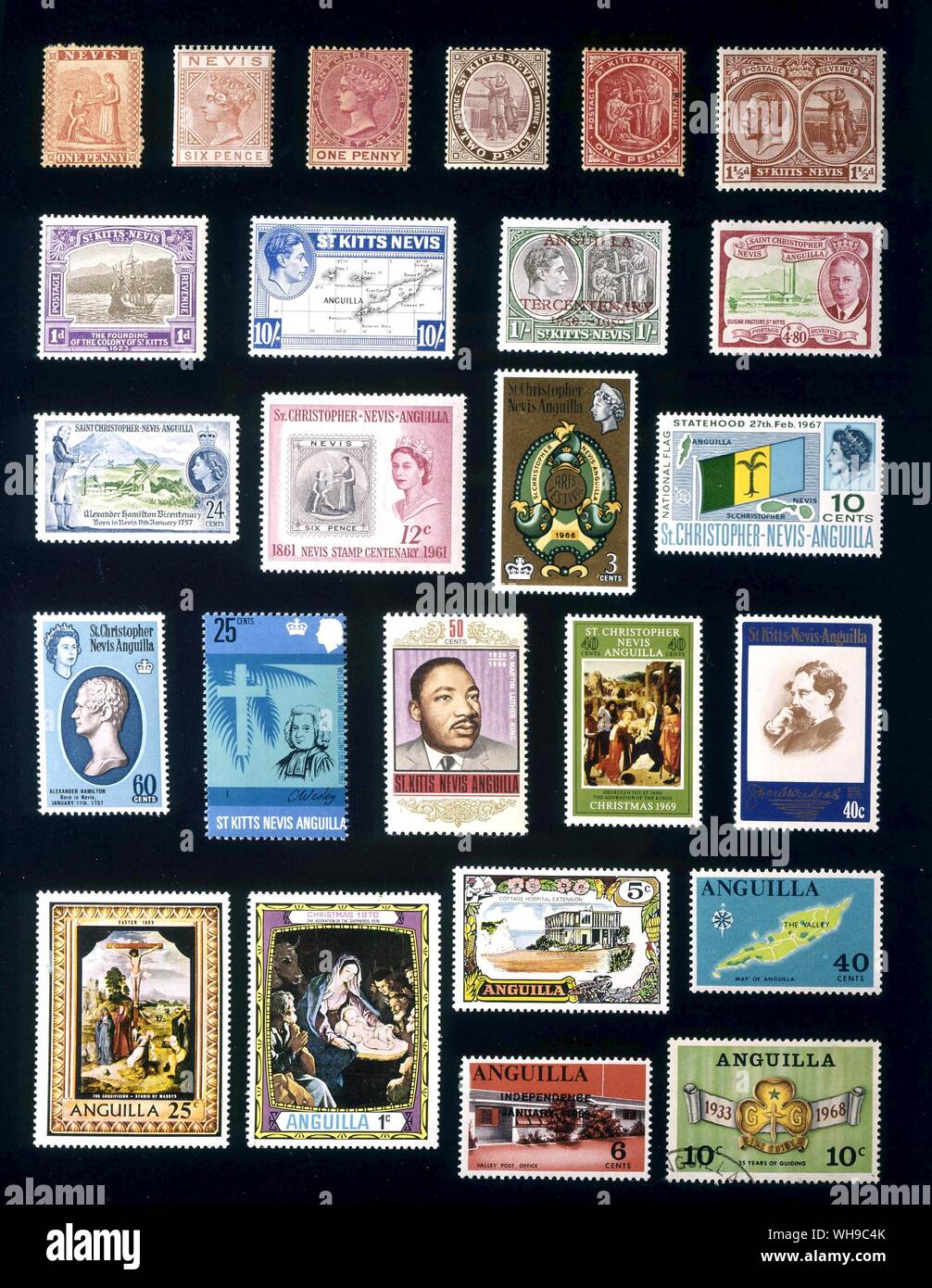 AMERICA - ST CHRISTOPHER, NEVIS E ANGUILLA: (da sinistra a destra) 1. Nevis, 1 centesimo, 1861, 2. Nevis, 6 pence, 1883, 3. St Christopher, 1 centesimo, 1870, 4. St Kitts-Nevis, 2 pence, 1903, 5. St Kitts-Nevis, 1 centesimo, 1907, 6. St Kitts-Nevis, 1,5 pence, 1920, 7. St Kitts-Nevis, 1 centesimo, 1923 8. St Kitts-Nevis, 10 denari, 1948, 9. St Kitts-Nevis, 1 scellino, 1950, 10. St Christopher-Nevis-Anguilla, 4,80 dollari, 1952, 11. St Christopher-Nevis-Anguilla, 24 centesimi, 1957, 12. St Christopher-Nevis-Anguilla, 12 centesimi, 1961, 13. St Christopher-Nevis-Anguilla, 3 centesimi, 1966, 14. St Foto Stock