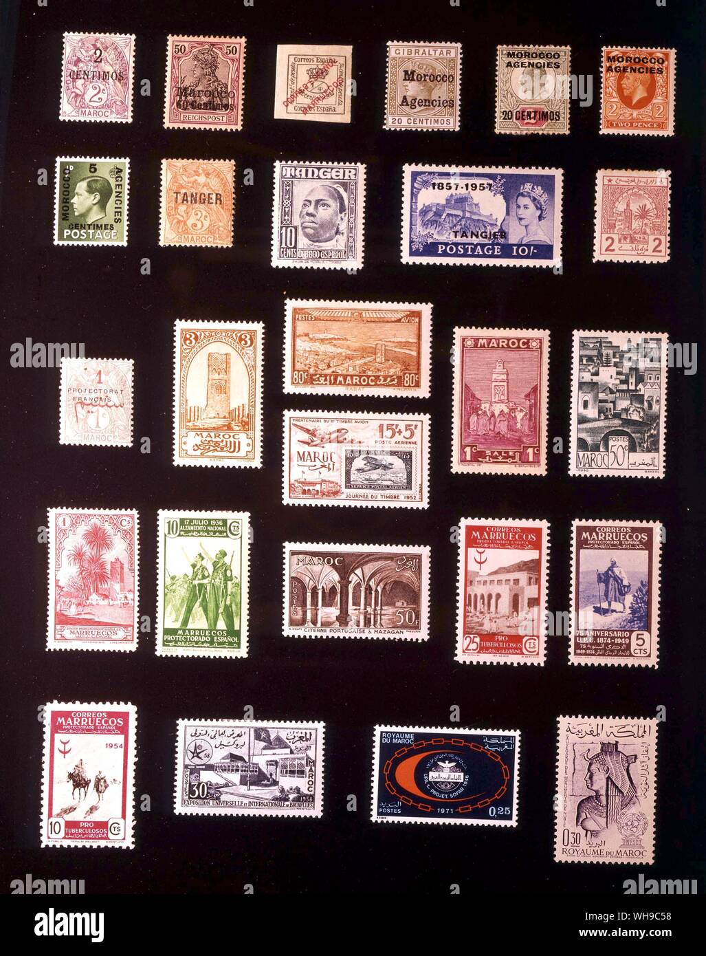 AFRICA - MAROCCO: (da sinistra a destra)1. Uffici postali francesi, 2 centimos, 1902, 2. Il tedesco gli uffici postali, 60 centimos, 1900, 3. Sanish uffici postali, 0,25 centimo, 1903, 4. Gibilterra gli uffici postali, 20 centimos, 1898, 5. British Post uffici, 20 centimos, 1907, 6. British uffici postali, 2 pence, 1936, 7. British Post uffici, 5 centesimi, 1937, 8. Tangeri (Francese Post Office), 3 centesimi, 1917, 9. Tangeri (Spagnolo Post office), 10 centimos, 1948, 10. Tangeri (British Post Office), 10 denari, 1957, 11. Il Marocco Cherifian (Post), 2 moussonats, 1912, 12. Zona francese, 1 centesimo, 1914, 13. Zona francese, 3 Foto Stock