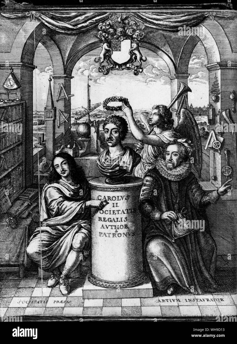 Charles II come patrono della Royal Society dal Spratto Storia della Royal Society, 1667. Foto Stock