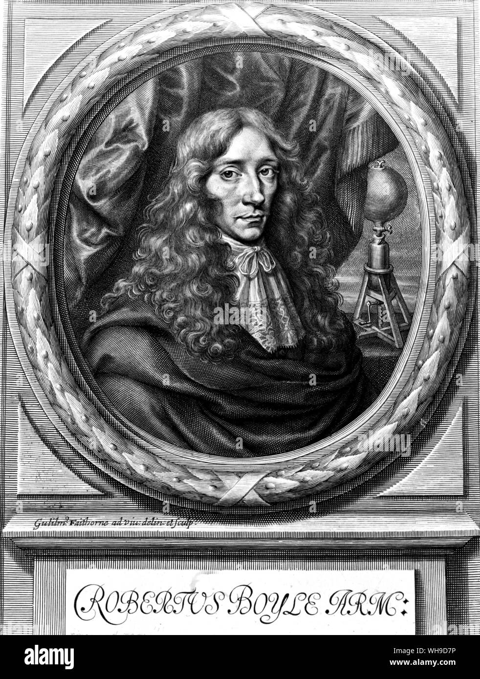 Sir Robert Boyle, 1627-91. Filosofo e chmist dall'Irlanda. Egli ha formulato legge di Boyle, in cui si afferma che il volume di una data massa di gas a temperatura costante è inversamente proporzionale alla sua pressione. Foto Stock