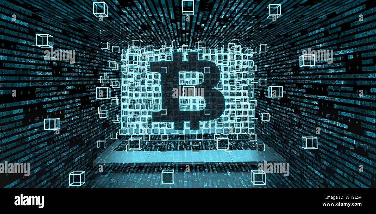 3d illustrazione della moneta bitcoin e tecnologia blockchain Foto Stock