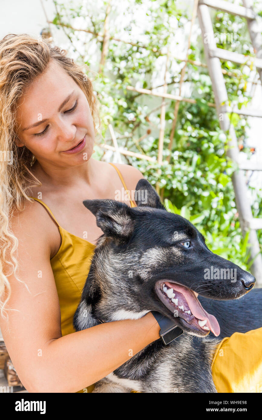 Husky pastore mongrel cane con la sua padrona Foto Stock