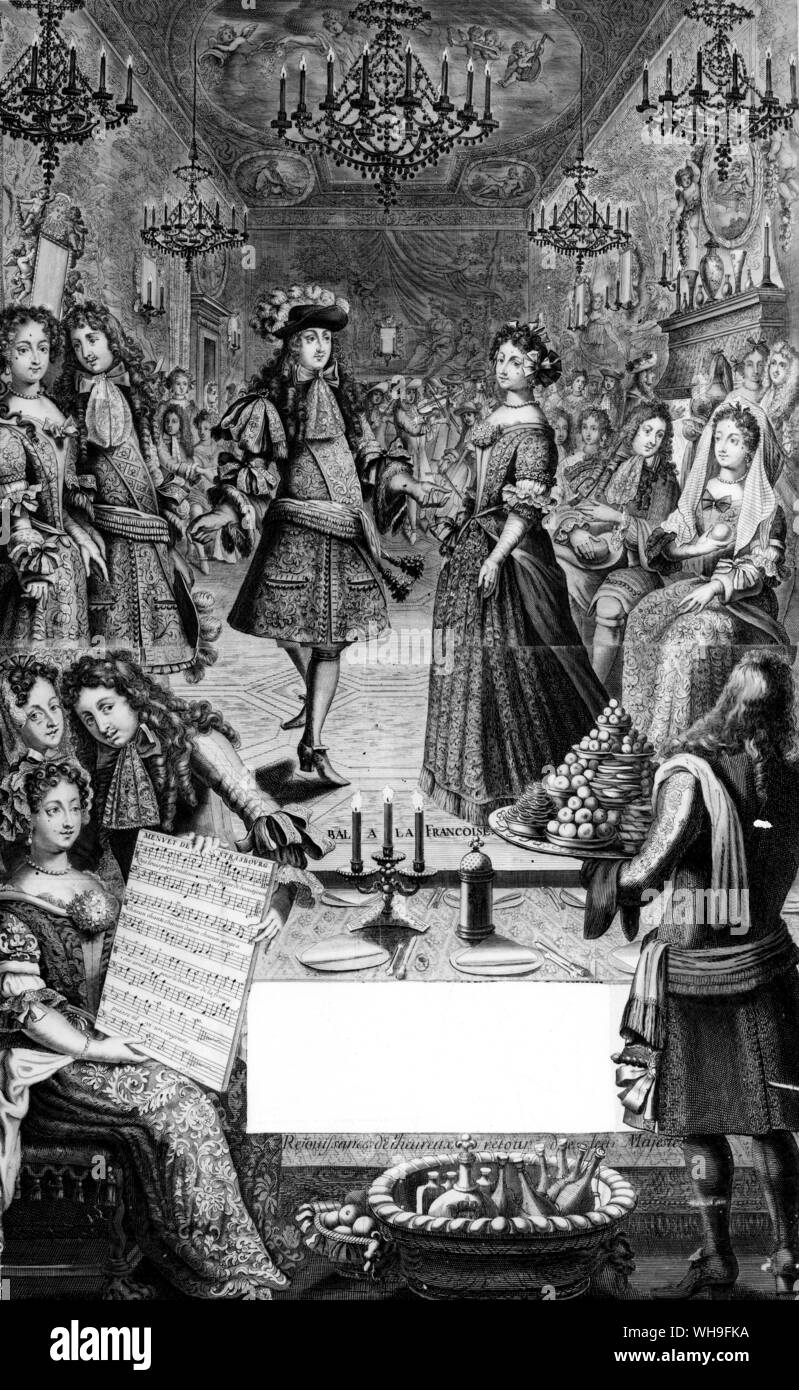 Il re Luigi XIV (1638-1715) danze il Minuetto in una sfera di francese. Foto Stock