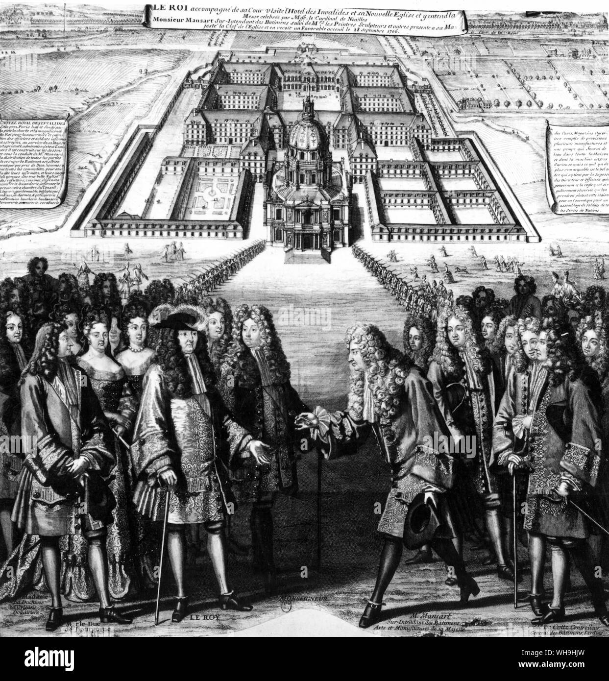 Le roi Louis XIV et la cour visitant les Invalides, 28 settembre 1706. Louis XIV (1638-1715, re di Francia dal 1643). "Re Sole". Foto Stock