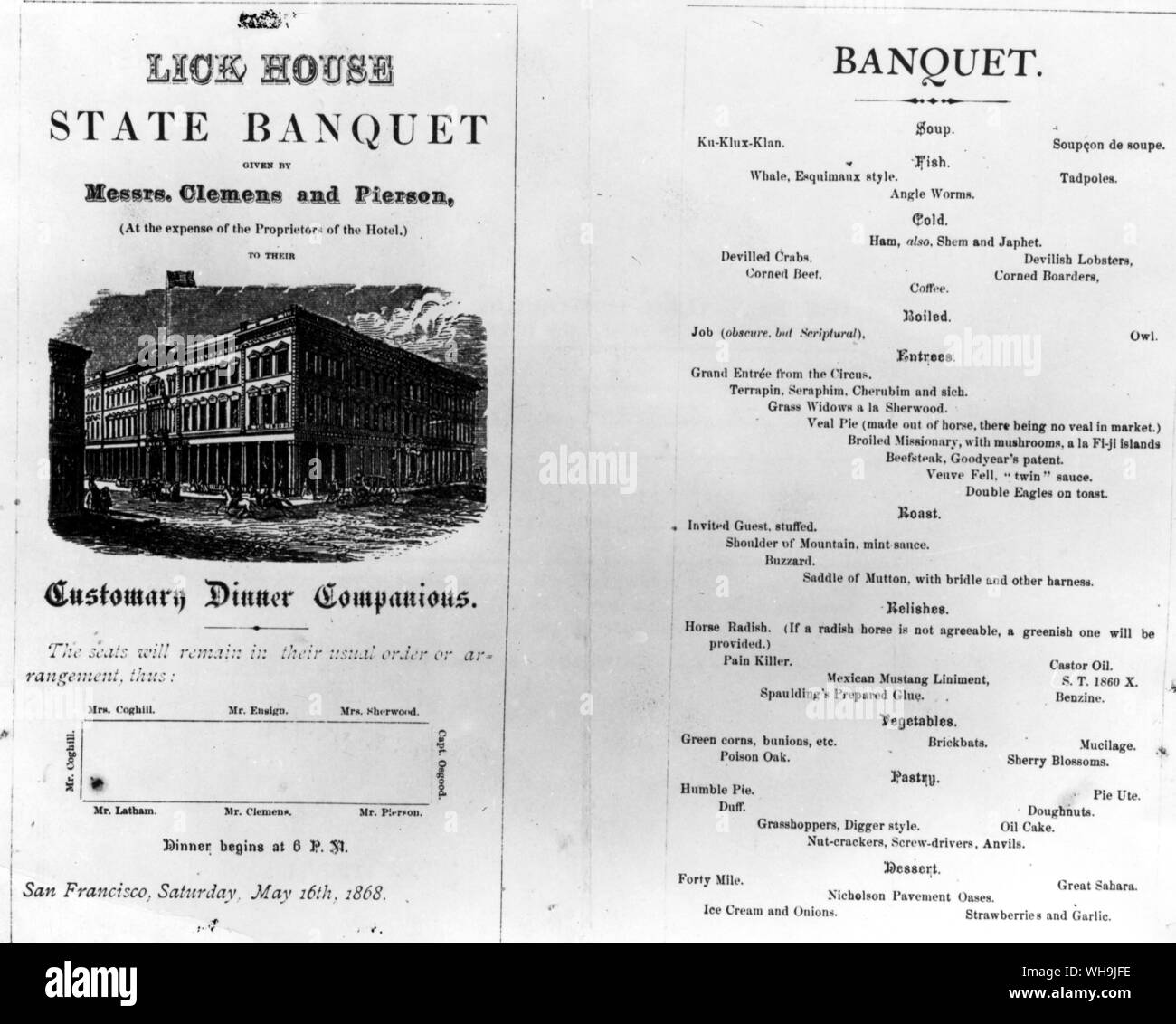 Leccare House stato Menu per banchetti . San Francisco 16 Maggio 1868 Foto Stock