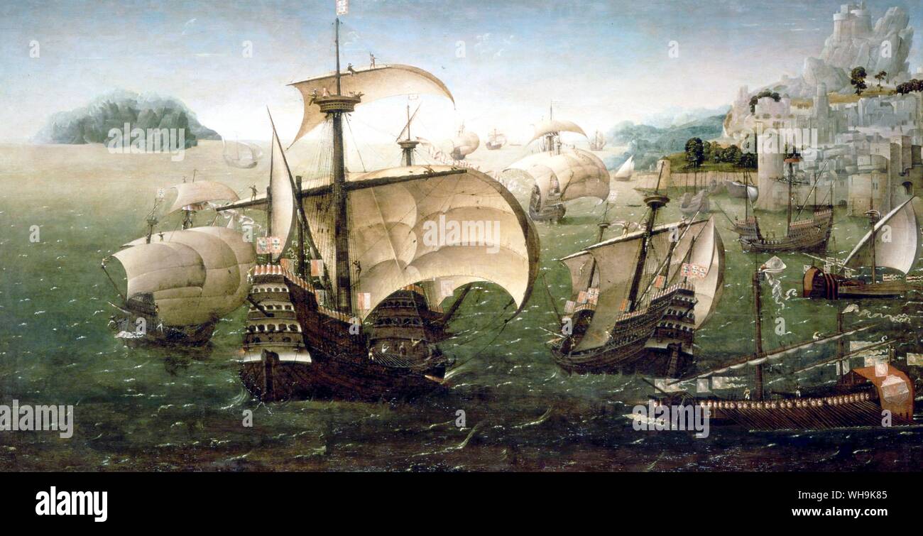 Portugese 1530 Carracks fuori da una costa rocciosa di Cornelius Anthazzon Foto Stock