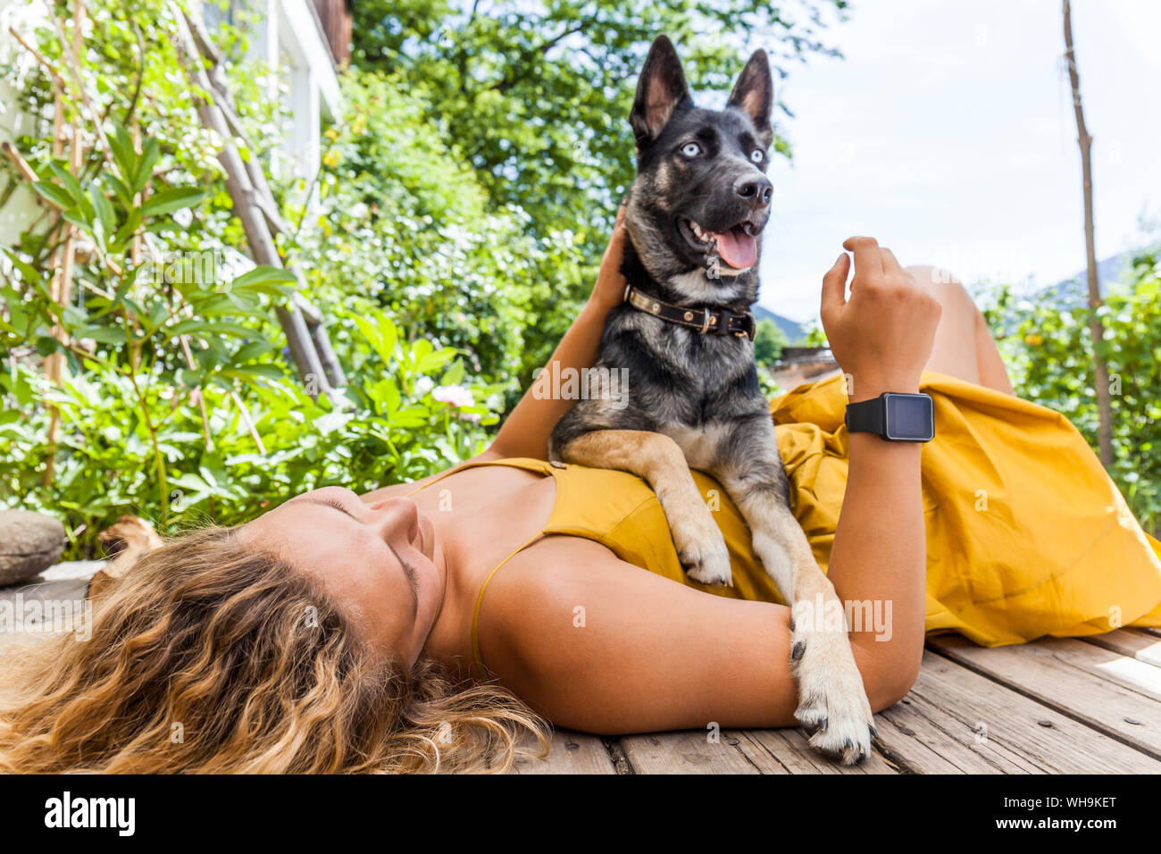 Husky pastore mongrel del cane e la sua padrona giacente sul pannello di legno Foto Stock