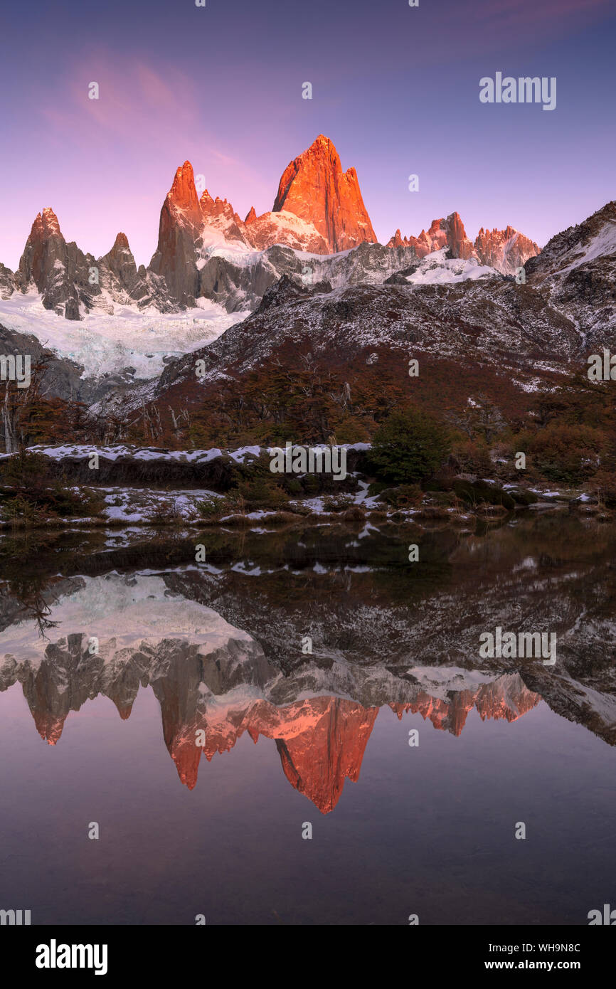 La gamma della montagna di Cerro Torre e Fitz Roy a sunrise riflessa, parco nazionale Los Glaciares, UNESCO, El Chalten, Patagonia, Argentina, Sud America Foto Stock La gamma della montagna di Cerro Torre e Fitz Roy a sunrise riflessa, parco nazionale Los Glaciares, UNESCO, El Chalten, Patagonia, Argentina, Sud America Foto Stock