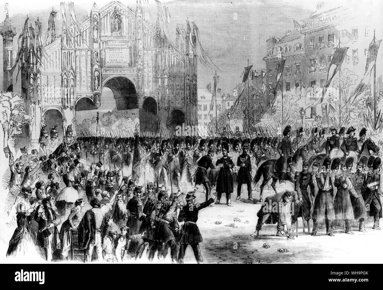 20 Agosto 1859: l'esercito italiano entrare a Parigi. L'Arc de Triomphe e Place de la Bastille - rappresenta la facciata del Duomo di Milano. Foto Stock