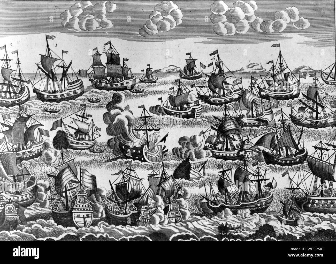 Una battaglia navale tra il francese e inglese le flotte, 20 maggio 1756 Foto Stock