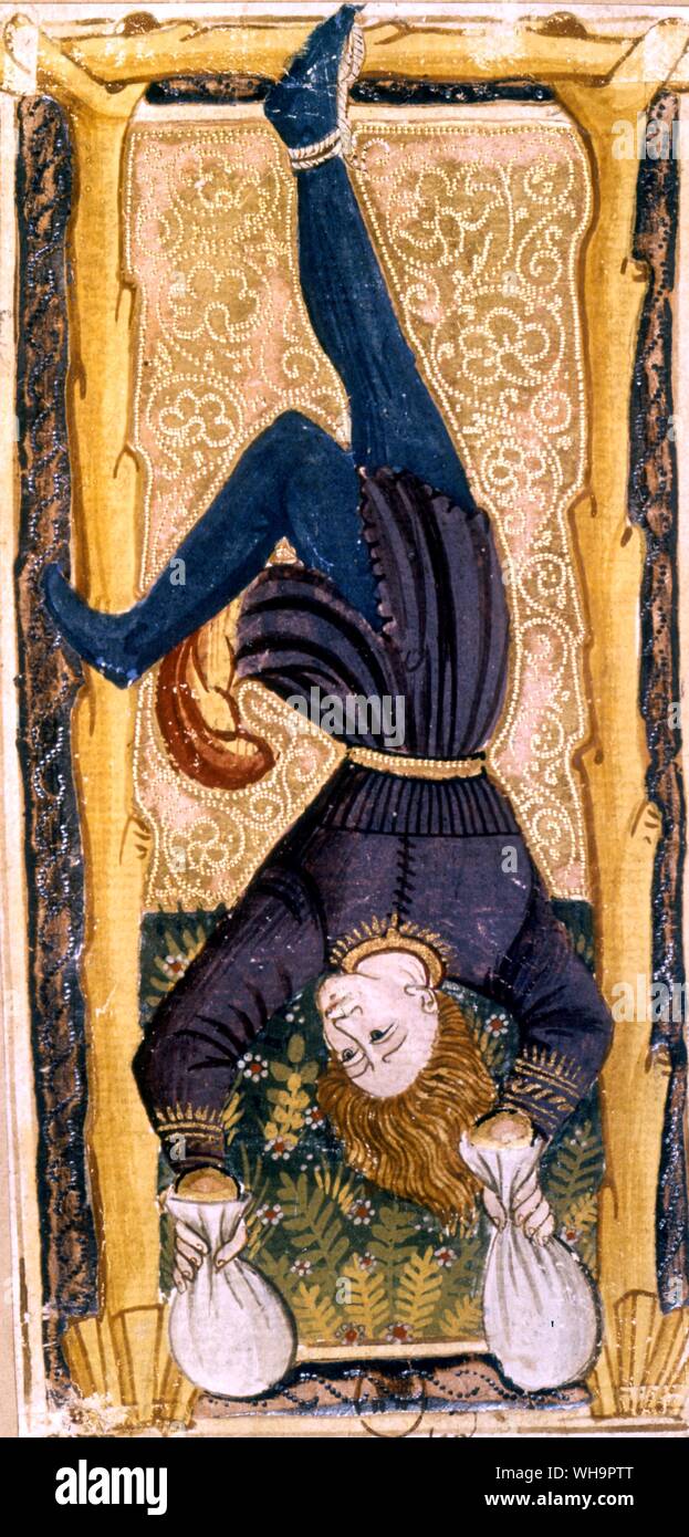 A testa in giù, l'Impiccato del 'Charles VI " pack frizioni il suo denaro-sacchi: la tradizione popolare associa a lui con Giuda Iscariota (foto nel libro è in bianco e nero) Foto Stock