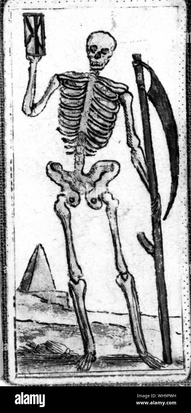 Carta dei Tarocchi - la morte come uno scheletro con la falce e la clessidra in un pacco italiano del XVII secolo. Foto Stock