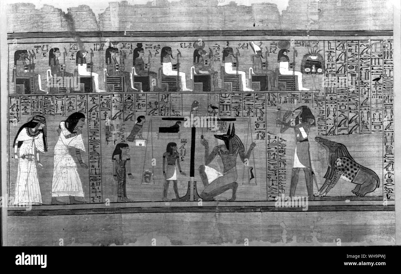 Il giudizio dopo la morte di antica credenza egiziana, quando la coscienza è pesato nella sala della verità, dal Papiro di Ani Foto Stock