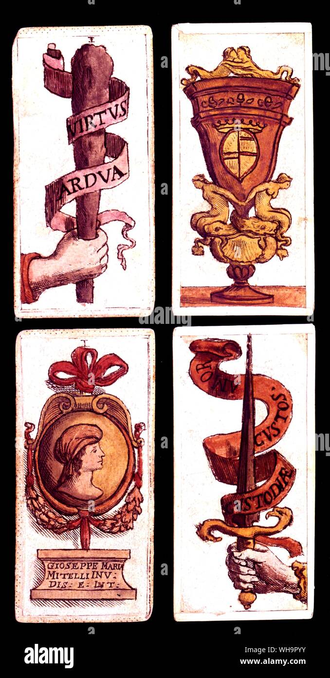 I quattro assi da un secolo XVII pack progettato da G. M. Mitelli: manganelli, tazze, monete, spade Foto Stock