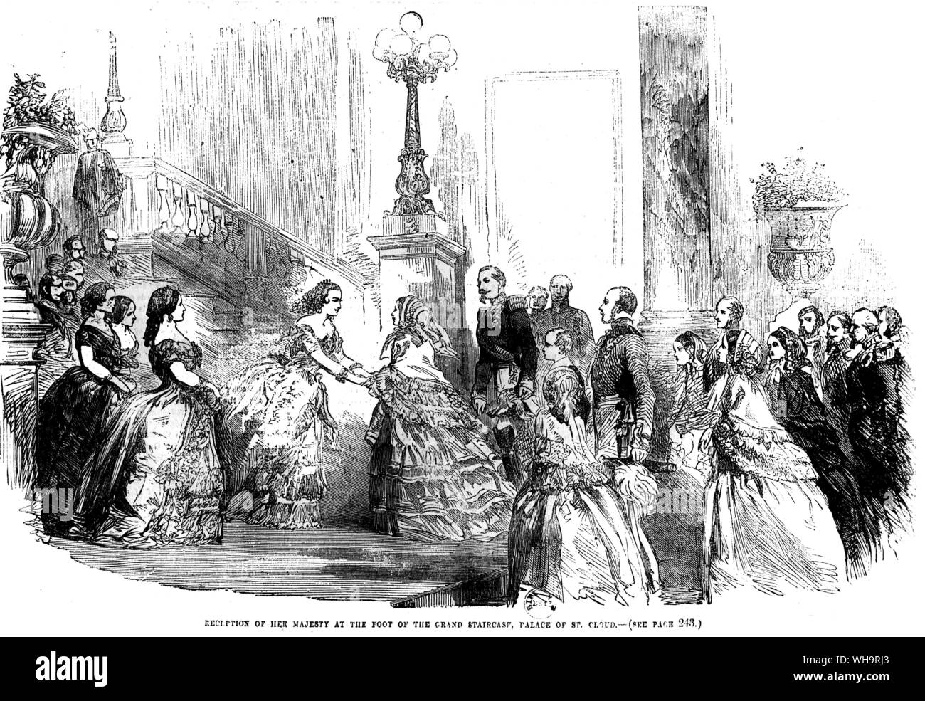 Ricezione di sua maestà la regina Victoria da Eugenie ai piedi della scalinata, Palazzo di St. Cloud, Agosto 1855. Foto Stock