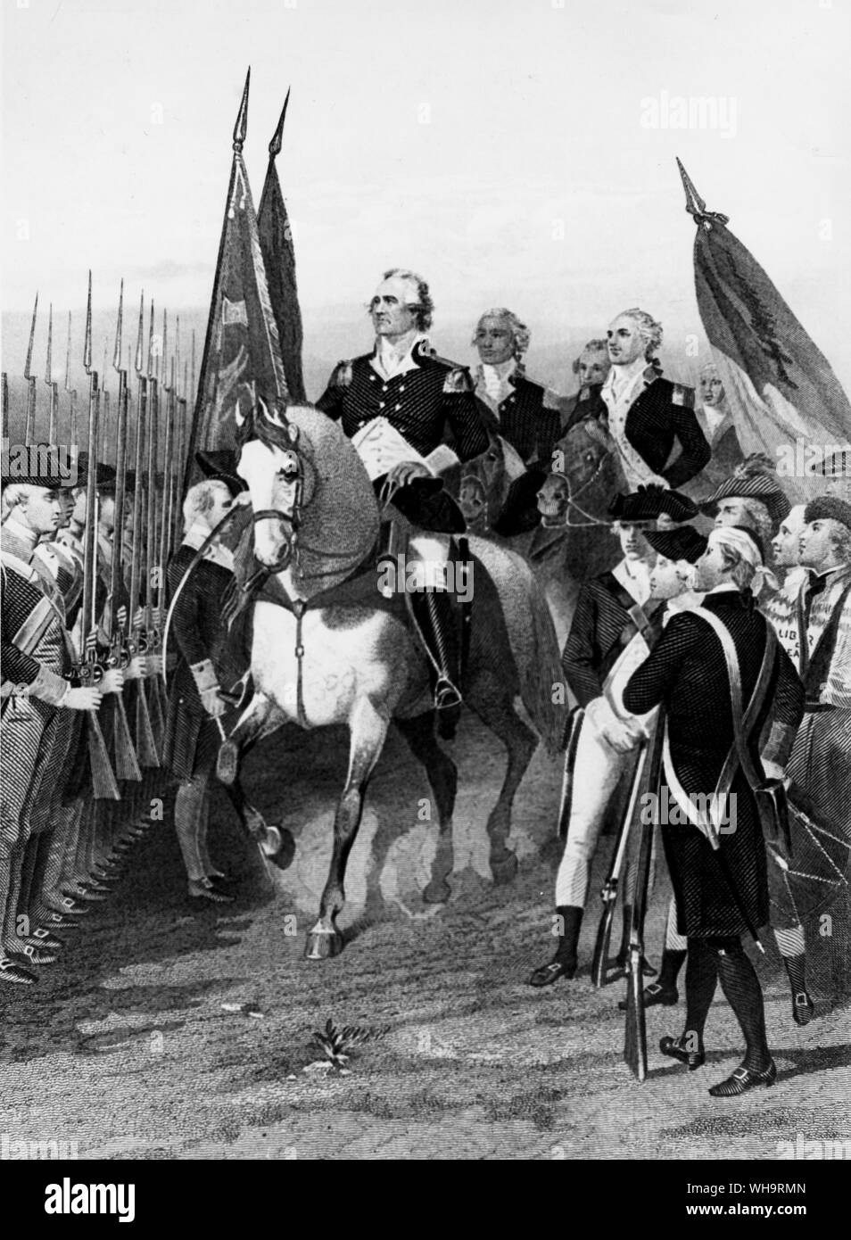 George Washington che assume il comando dell'esercito. Primo presidente degli Stati Uniti d'America, dopo l'indipendenza nel 1776. Foto Stock