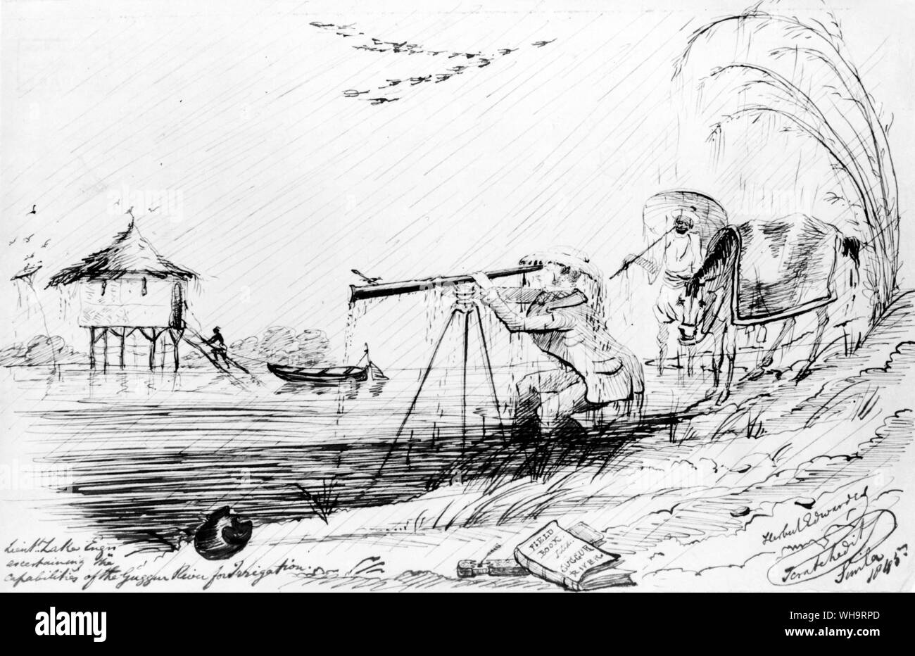 Lieut, Laker Engr accertare la funzionalità del Fiume Guggur per irrigazione a Herberrt Edwardes, 1845. Foto Stock