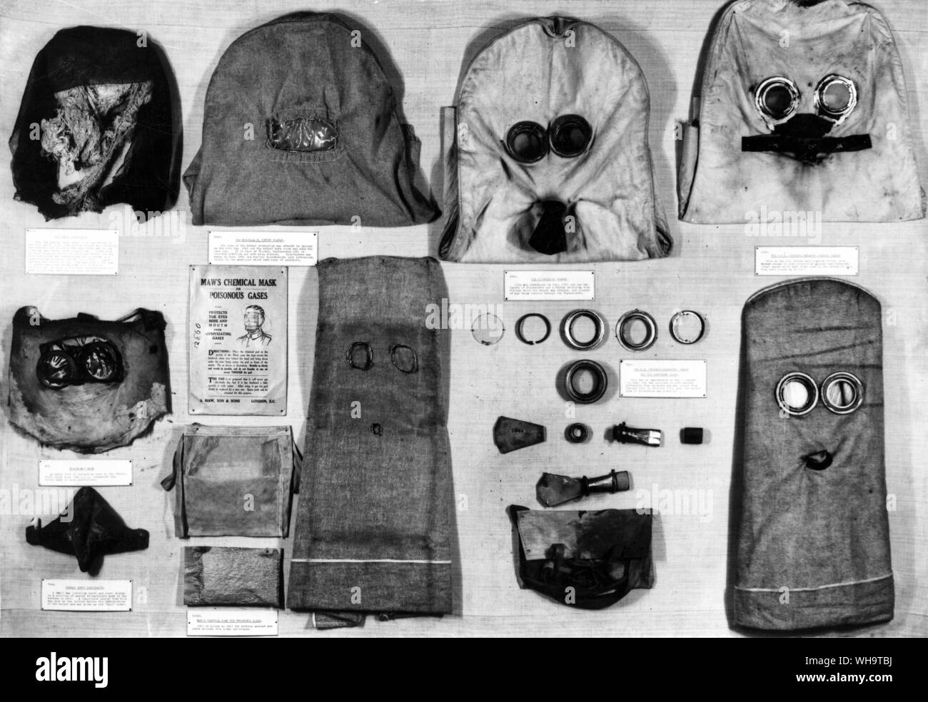 Lo sviluppo del servizio maschera a gas durante la guerra del 1914-18. Le parti di componente e di processo di fabbricazione del piccolo box respiratore. Foto Stock