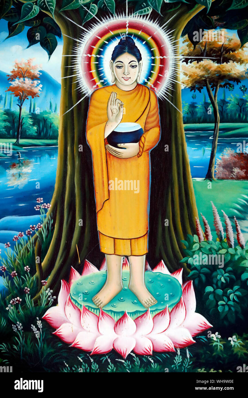 Pitu Khosa Rangsay pagoda buddista, la pittura della vita di Buddha, Siddharta Gautama, Can Tho, Vietnam, Indocina, Asia sud-orientale, Asia Foto Stock