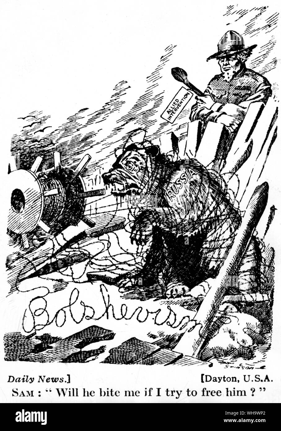WW1: STATI UNITI D'AMERICA. Fonte - Daily News cartoon. Foto Stock
