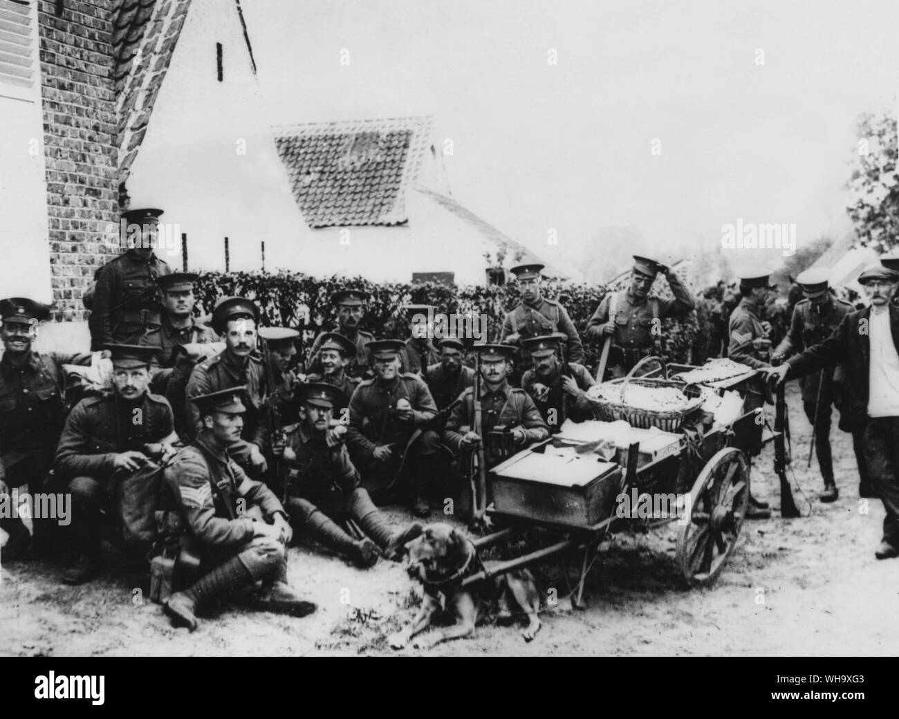 WW1: le truppe britanniche in appoggio in un villaggio, Belgio. Ottobre 1914. Foto Stock