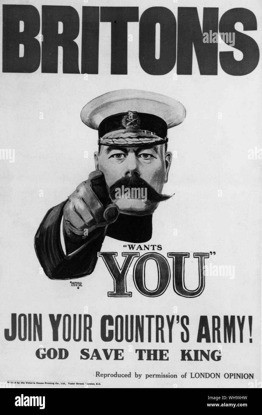 WW1: Lord Kitchener poster. 'I britannici - vuole unirsi al vostro paese dell'esercito. Dio salva il re". Foto Stock