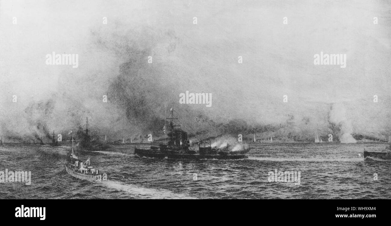 WW1: la battaglia dello Jutland: il Duca di ferro, Jellicoe nave ammiraglia, in azione, 31 maggio 1916. Dipinto di William Lionel Wylkie (1851-1931). Foto Stock