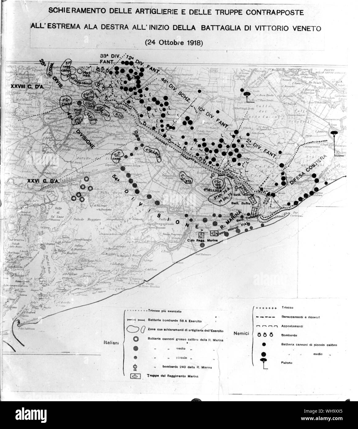 WW1: Mappa del Veneto Battaglia, 24 ottobre 1918. Foto Stock
