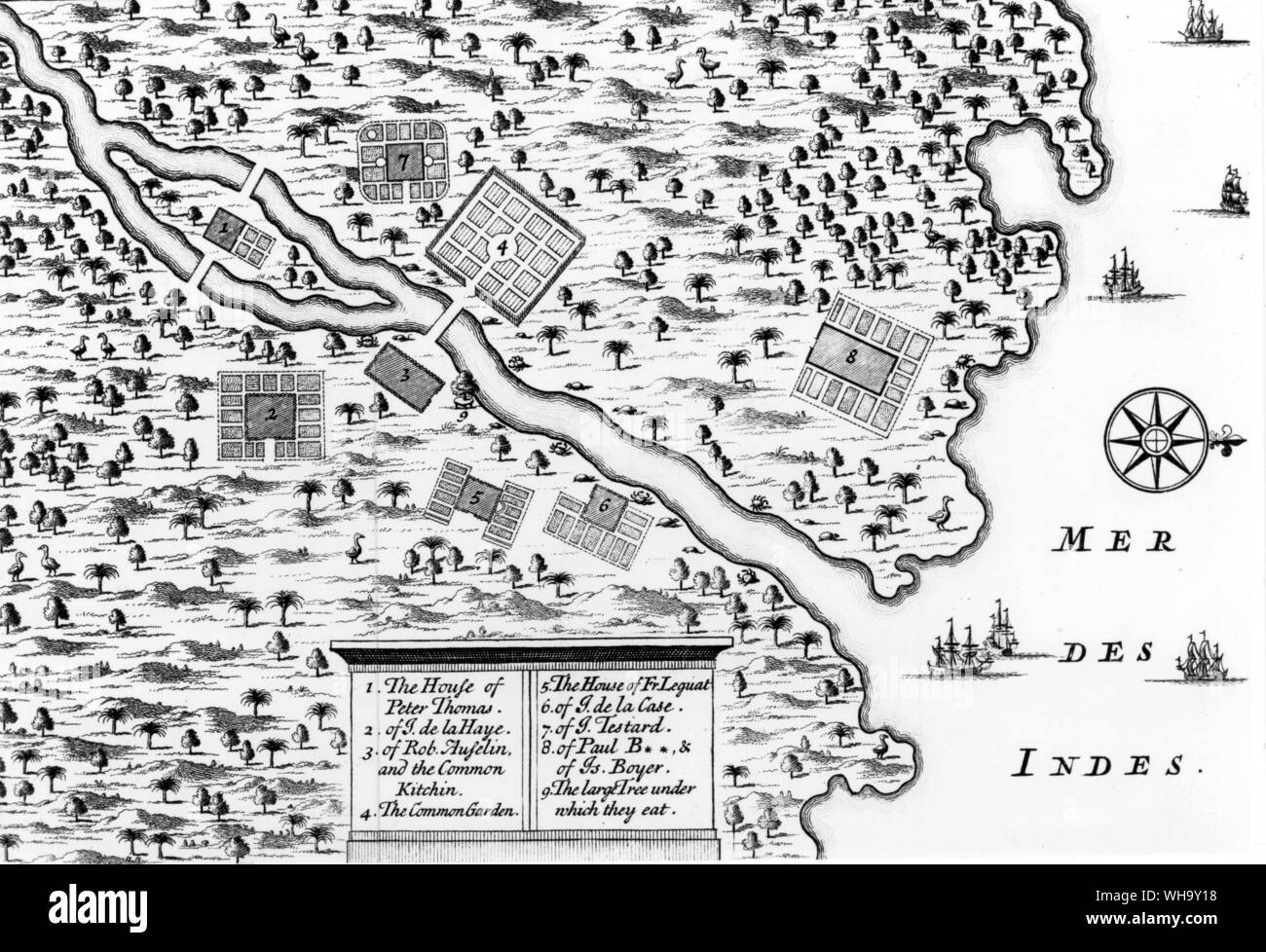 Francois Leguat il "piano di liquidazione' su Rodrigues, decorata con Solitarys. Incisione pieghevole in Leguat è di nuovo viaggio verso le Indie Orientali (Londra, 1708) Foto Stock
