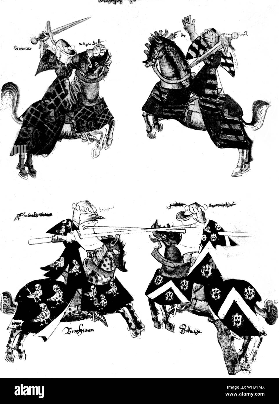 Montato combattere con spade e giostra con lance, XV secolo. Torneo armature e cavalli. Foto Stock