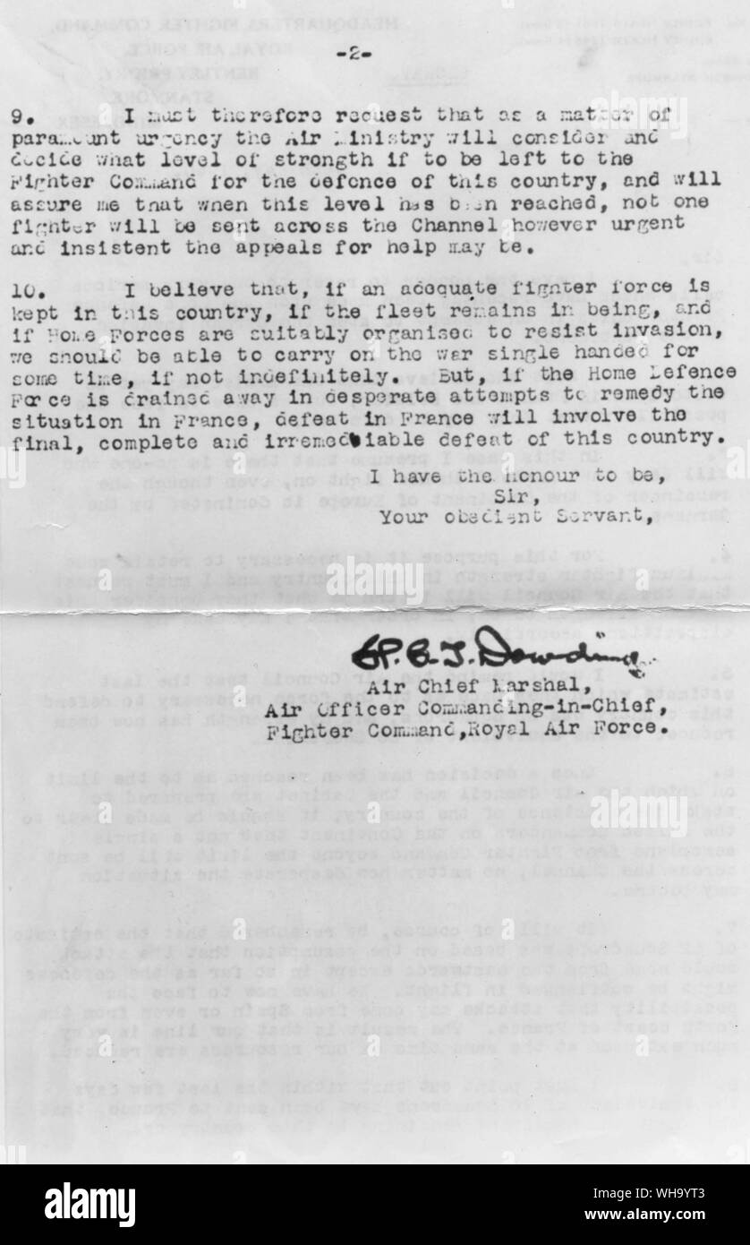WW2: Lettera dall'AIR CHIEF MARSHAL del RAF. Foto Stock