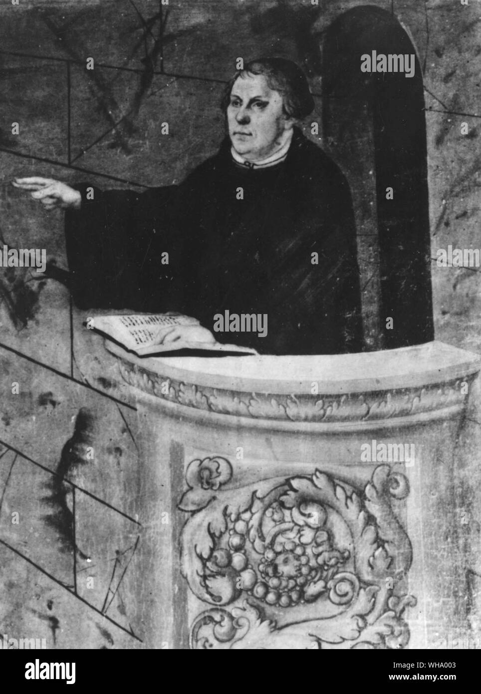 Martin Lutero la predicazione. Dettaglio dal pannello di predella. Città chiesa di Wittenburg. Da Lucas Cranach il Vecchio. Foto Stock