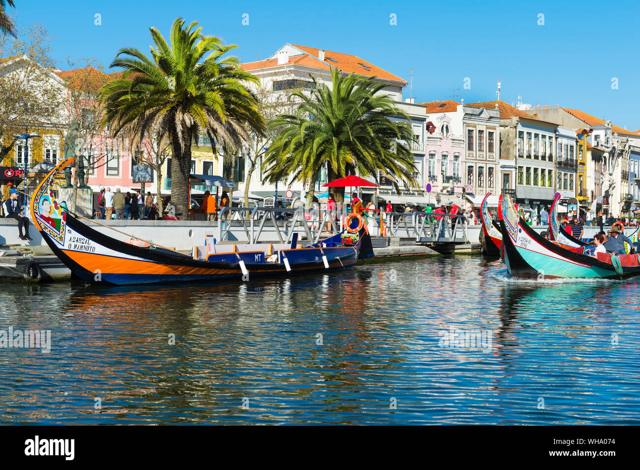 Moliceiros ormeggiate lungo il canale principale, Aveiro, Venezia del Portogallo, Beira litorale, Portogallo, Europa Foto Stock