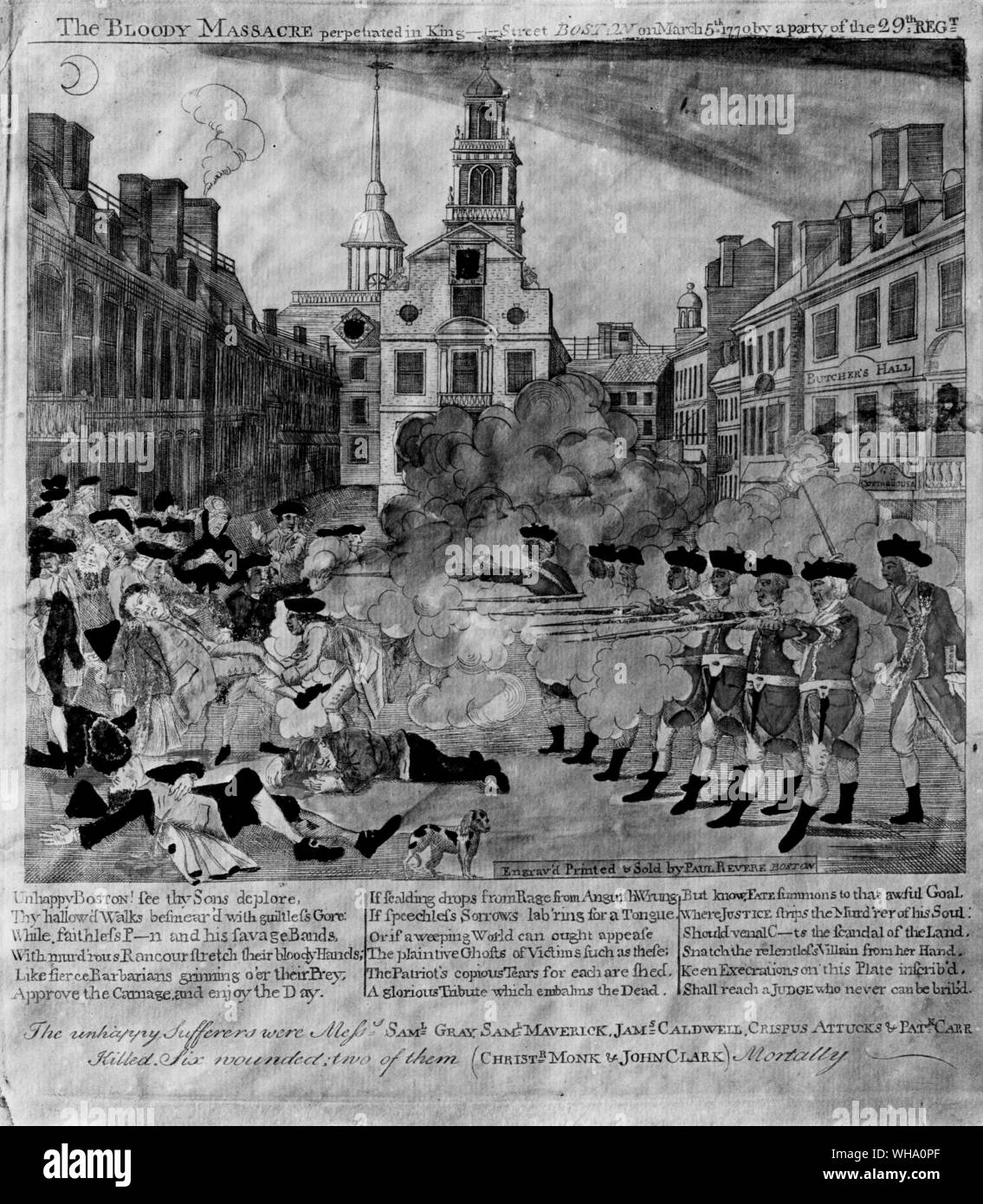 'Boston massacro" che l'artista americano Paul Revere (1735-1818). Foto Stock