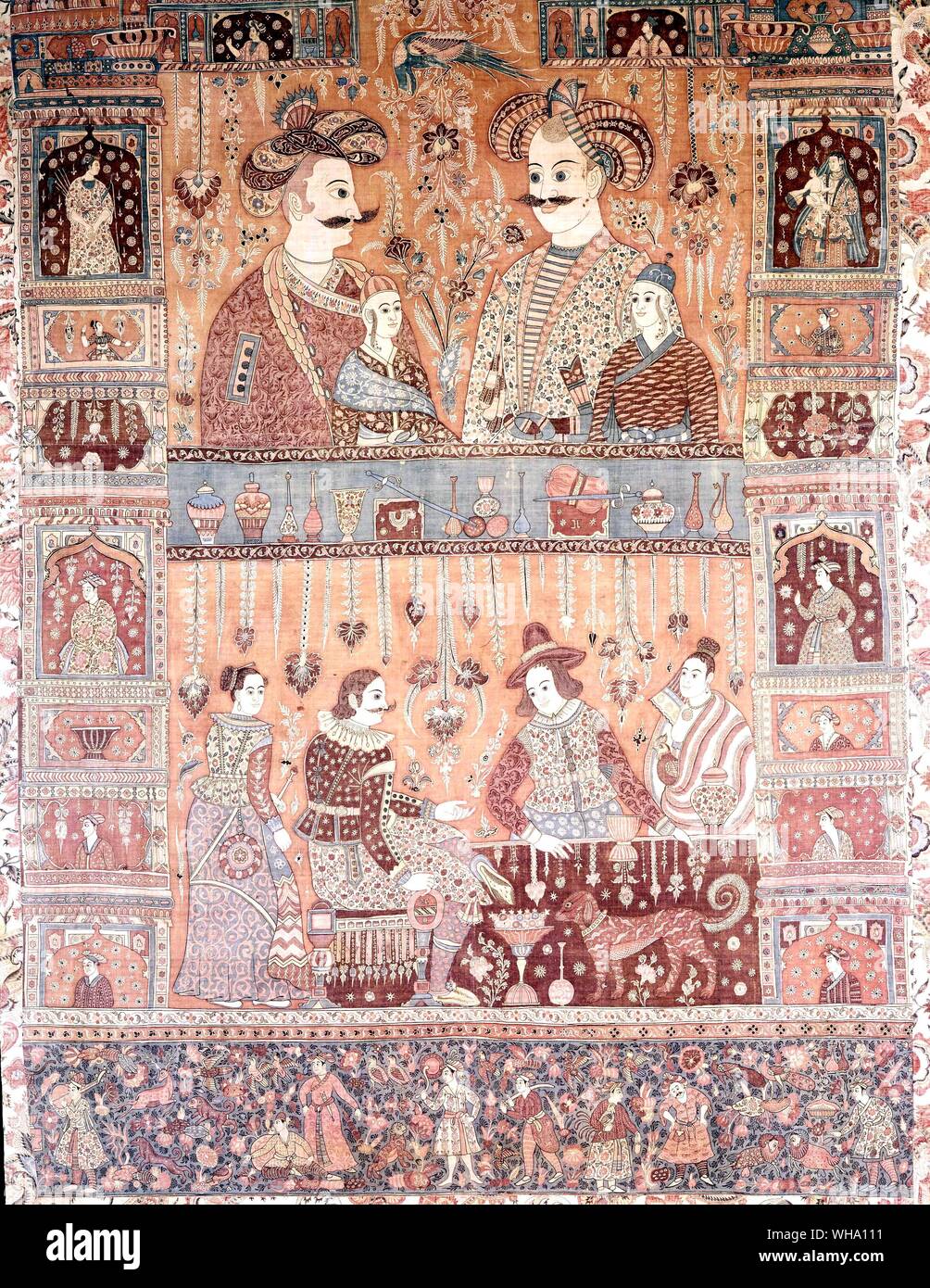 Ricamo islamico - potentati nativo e, al di sotto di esse, commercianti europei, godendo i lussi di Golconda nel XVII secolo. Foto Stock