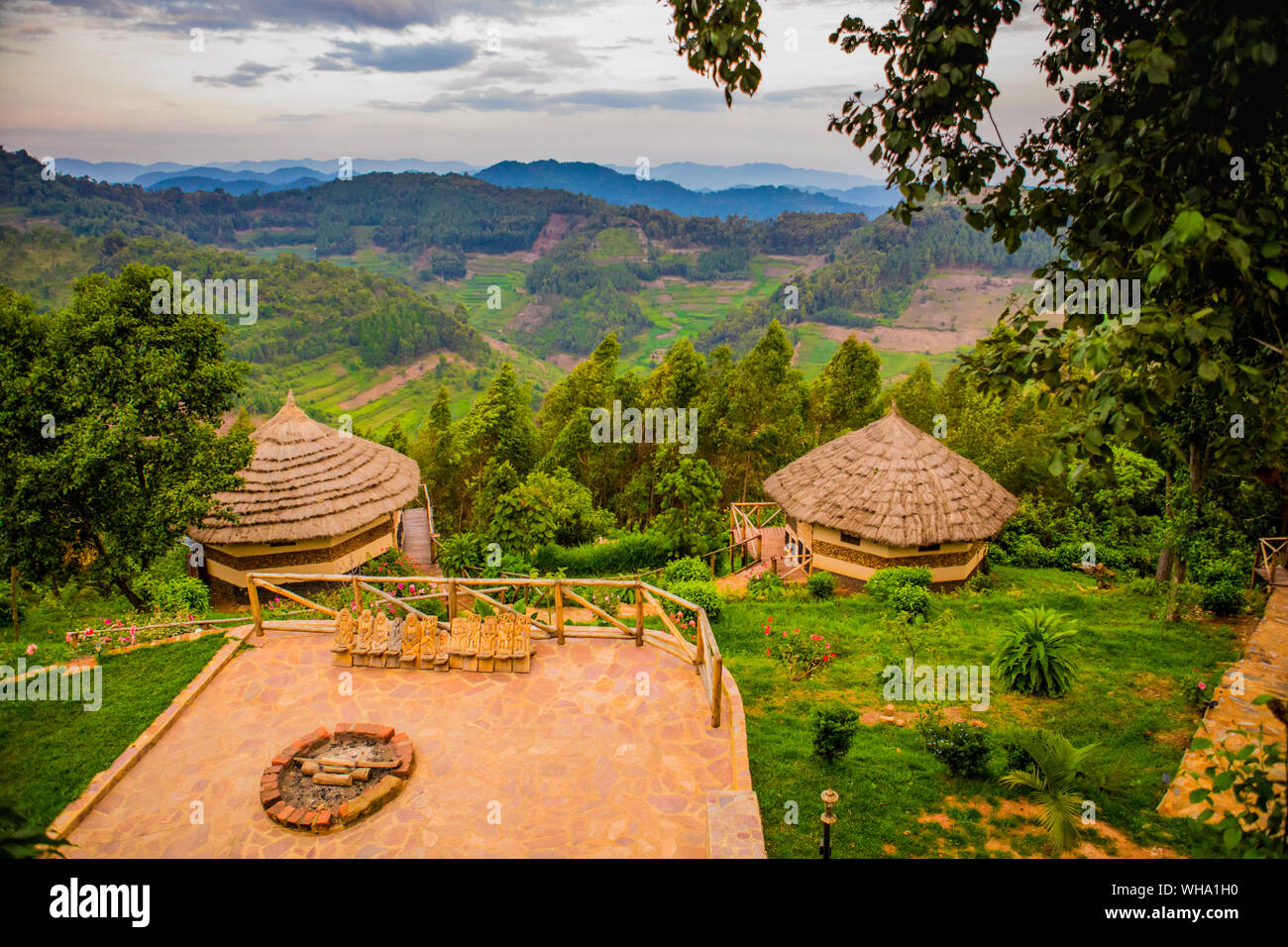 Agandi Eco Lodge (capanne), la foresta impenetrabile di Bwindi National Park, sito Patrimonio Mondiale dell'UNESCO, Uganda, Africa orientale, Africa Foto Stock