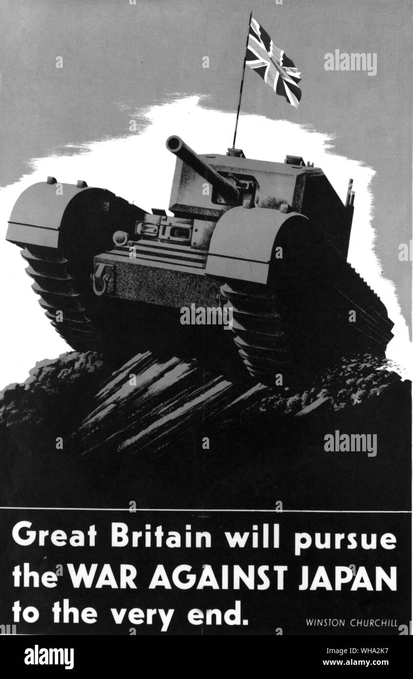 WW2: guerra poster. "Gran Bretagna proseguirà la guerra contro il Giappone a molto fine.' Winston Churchill's parole. Foto Stock