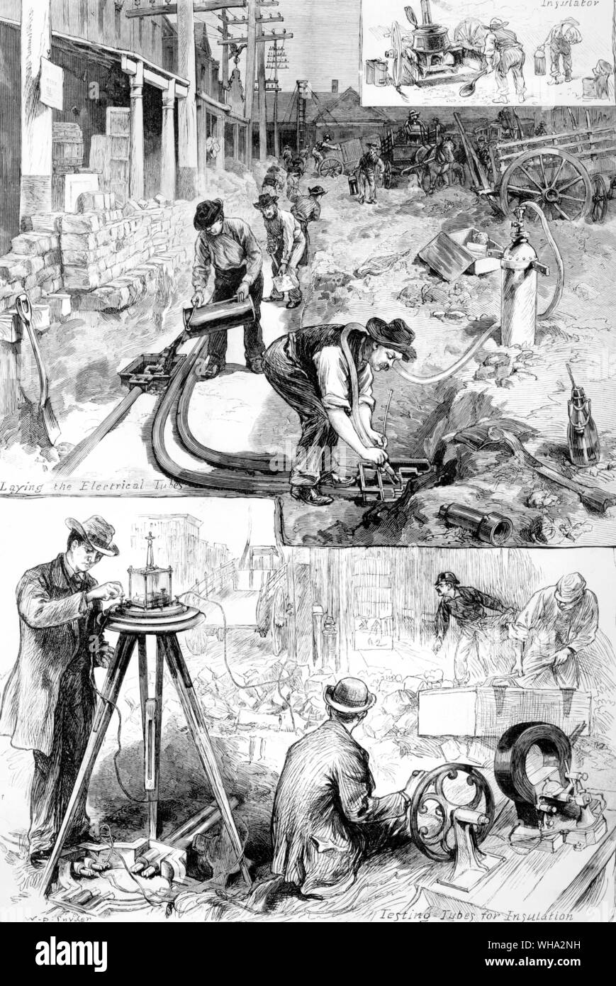 La posa di cavi in New York. (1880) Foto Stock