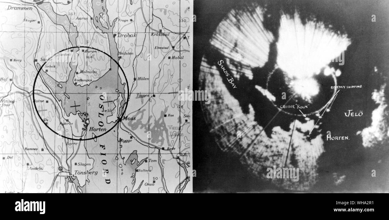 Spedizione tedesca a Oslo visto con l aiuto del dispositivo radar H2S.. La zona costiera può essere confrontato abbastanza facilmente con una mappa dell'area stessa. Nessuna eco sono ricevuti dall'acqua, ma la presenza e la posizione di spedizione viene indicato da abbastanza forte "Echi' o 'bip'.. Foto Stock