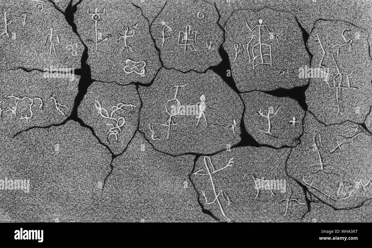Rosso hieroglyphy indiano: geroglifici passata sulla Santa Fe Trail. 1846-47. Trovato in Arizona. Foto Stock