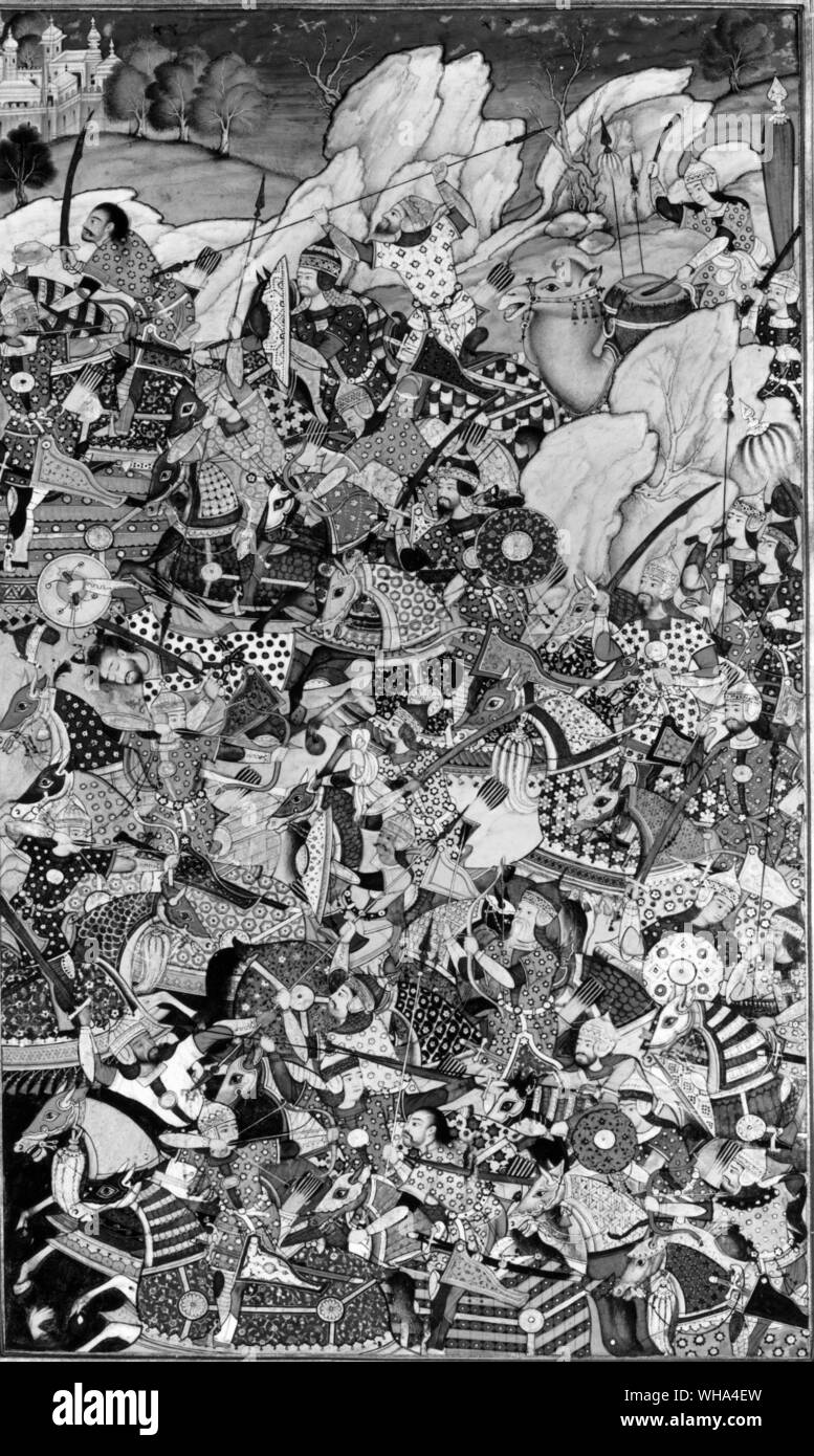 Pagina del manoscritto illustrato del Akbarnamah tardo XVI secolo con dossi Foto Stock