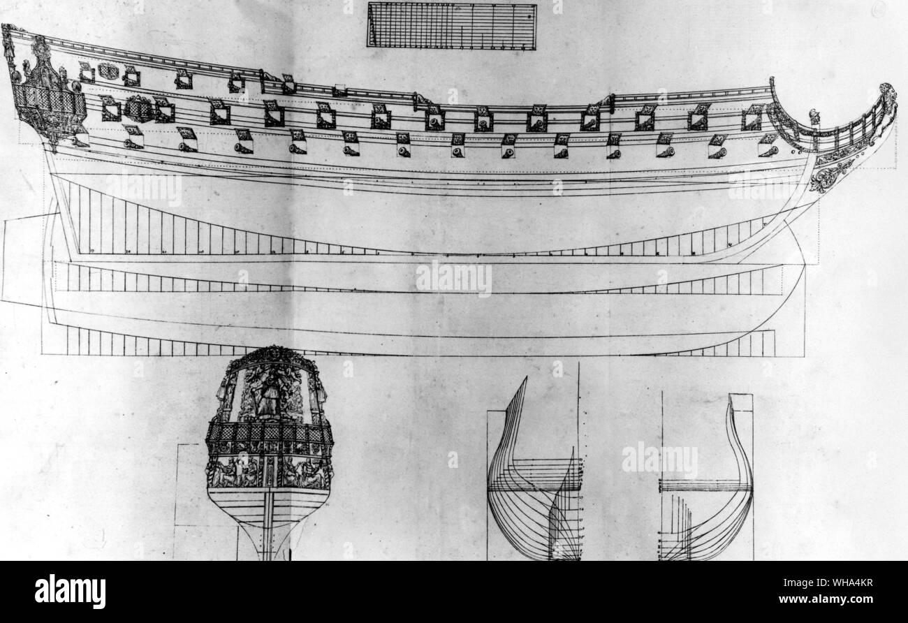 Nave con il progetto di', da Sir Anthony Deane manoscritto del la dottrina di architettura navale, dedicato a Pepys. Preso da Pepys, Samuele diarist inglese e amministratore di navale; mantenuta diario 1660-1669 pubblicato (1893-1899); presidente della Royal Society 1684-1686  1633-1703 Foto Stock