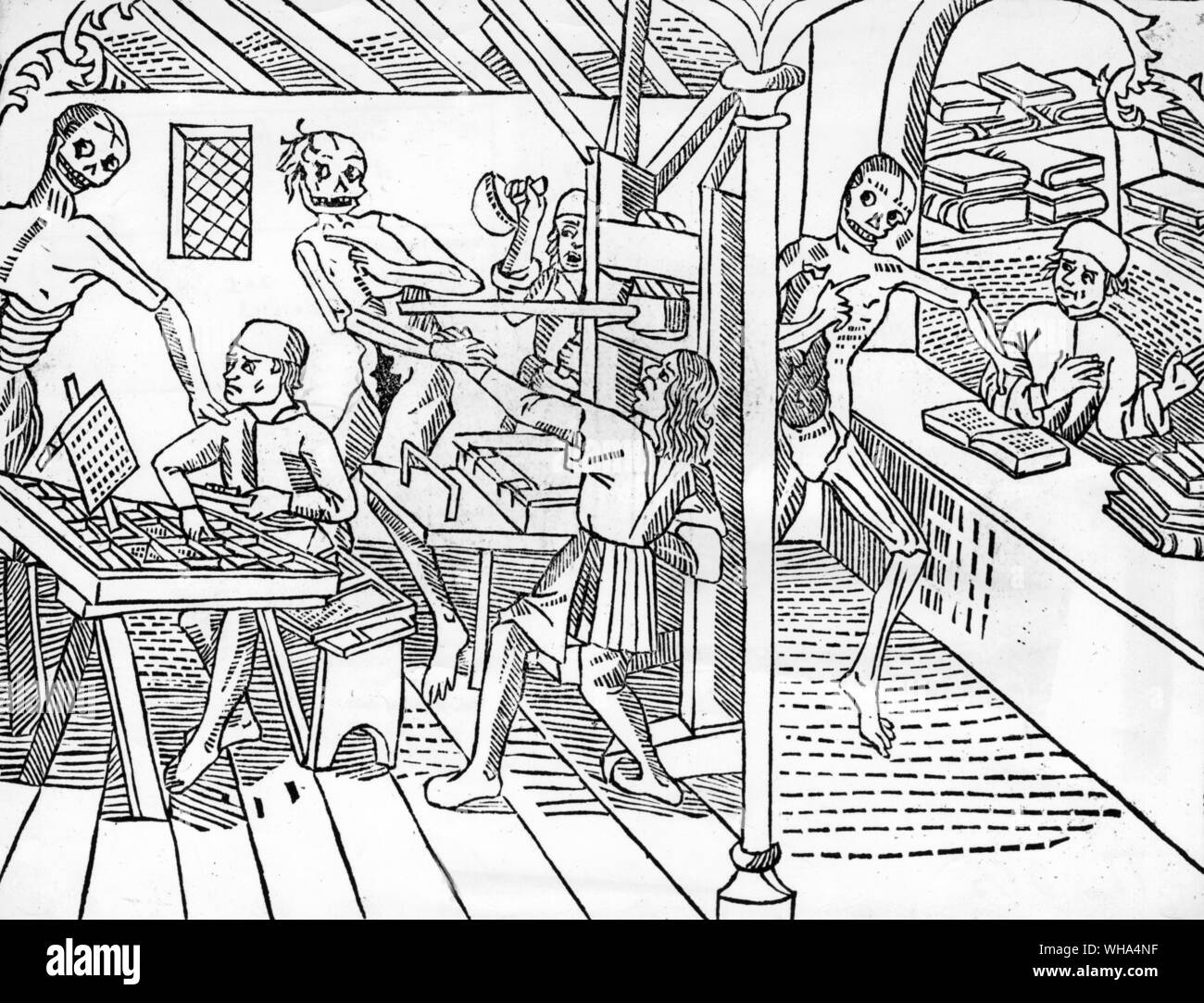 Incisione da danza della morte stampati a Lione da Matthias Huss 1499. La morte prendendo le stampanti e un libraio Foto Stock
