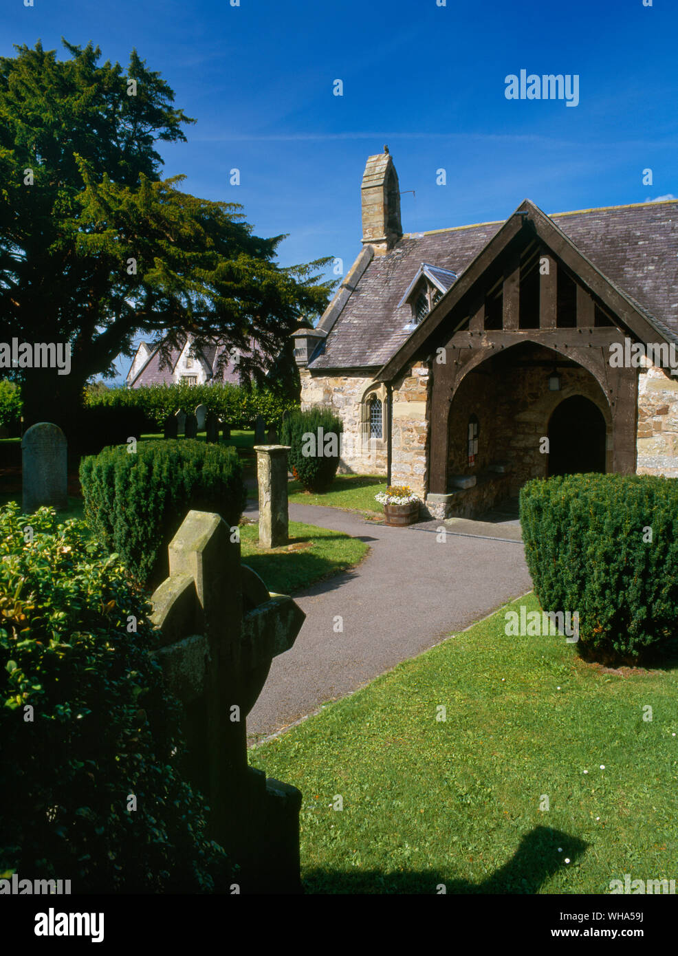 Visualizzare NW del Corpus Domini chiesa, Tremeirchion, il Galles del Nord, Regno Unito, che mostra una parte della circolare del sagrato con 12 tassi, quella fama di essere 800 anni Foto Stock